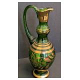 Vintage Bohemia Crystal Green Czech Glass Pitcher with Gold Deco