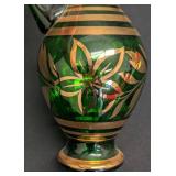 Vintage Bohemia Crystal Green Czech Glass Pitcher with Gold Deco