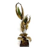 Jorge Lopez Mid-Century Brutalist Floral Brass Sculpture w/ Green Glass Buds