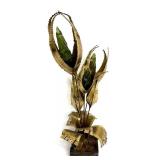 Jorge Lopez Mid-Century Brutalist Floral Brass Sculpture w/ Green Glass Buds