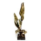 Jorge Lopez Mid-Century Brutalist Floral Brass Sculpture w/ Green Glass Buds