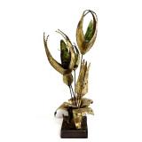 Jorge Lopez Mid-Century Brutalist Floral Brass Sculpture w/ Green Glass Buds