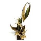 Jorge Lopez Mid-Century Brutalist Floral Brass Sculpture w/ Green Glass Buds