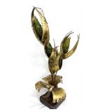 Jorge Lopez Mid-Century Brutalist Floral Brass Sculpture w/ Green Glass Buds