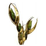 Jorge Lopez Mid-Century Brutalist Floral Brass Sculpture w/ Green Glass Buds
