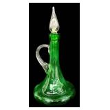 Vintage Mid Century Modern Bischoff Emerald Green Hand-Blown Glass Decanter with Crystal Flame Stopper & Handle
