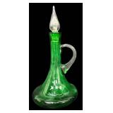 Vintage Mid Century Modern Bischoff Emerald Green Hand-Blown Glass Decanter with Crystal Flame Stopper & Handle