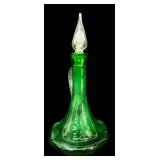 Vintage Mid Century Modern Bischoff Emerald Green Hand-Blown Glass Decanter with Crystal Flame Stopper & Handle