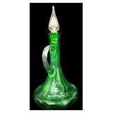 Vintage Mid Century Modern Bischoff Emerald Green Hand-Blown Glass Decanter with Crystal Flame Stopper & Handle