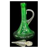 Vintage Mid Century Modern Bischoff Emerald Green Hand-Blown Glass Decanter with Crystal Flame Stopper & Handle