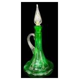 Vintage Mid Century Modern Bischoff Emerald Green Hand-Blown Glass Decanter with Crystal Flame Stopper & Handle