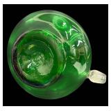 Vintage Mid Century Modern Bischoff Emerald Green Hand-Blown Glass Decanter with Crystal Flame Stopper & Handle
