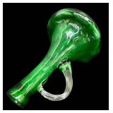 Vintage Mid Century Modern Bischoff Emerald Green Hand-Blown Glass Decanter with Crystal Flame Stopper & Handle