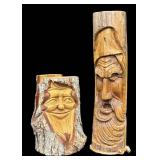 Tim Quinn Graphics - 2 Hand-Carved Wood Faces on Logs