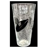 Vintage Mid Century Blenko Crackle Vase with Black Applied Leaves