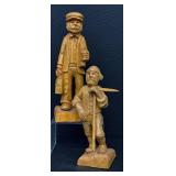 Pair of Hand-Carved Wooden Folk Art Figurines - 9.75-in Tall, Rustic