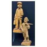 Pair of Hand-Carved Wooden Folk Art Figurines - 9.75-in Tall, Rustic