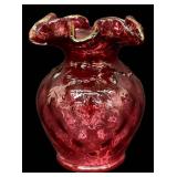Fenton Cranberry Glass Vase - Hand-Blown, Ruffled Rim, Dan Fenton Signature, 1930s