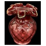 Fenton Cranberry Glass Vase - Hand-Blown, Ruffled Rim, Dan Fenton Signature, 1930s