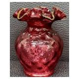 Fenton Cranberry Glass Vase - Hand-Blown, Ruffled Rim, Dan Fenton Signature, 1930s