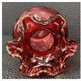 Fenton Cranberry Glass Vase - Hand-Blown, Ruffled Rim, Dan Fenton Signature, 1930s