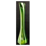 Vintage Murano Green, Red, White Striped Swung Stretch Glass Vase