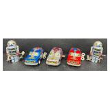 Set of 5 Vintage Tin Wind-Up Toys Robots and Space Missile Cars