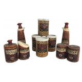 Vintage Mid Century Napcoware Woodgrain Ceramic Kitchen Set - Oil & Vinegar Cruets, Sugar/Creamer, Salt & Pepper Shakers