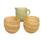 Vintage Mid Century Color Craft Spaghetti Strinkg Pitcher and Pair of Roly-Poly Glasses