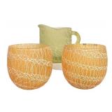 Vintage Mid Century Color Craft Spaghetti Strinkg Pitcher and Pair of Roly-Poly Glasses