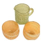 Vintage Mid Century Color Craft Spaghetti Strinkg Pitcher and Pair of Roly-Poly Glasses