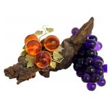 Vintage Glass Grape Clusters on Driftwood Base - Orange