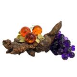 Vintage Glass Grape Clusters on Driftwood Base - Orange