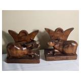 Carved Wooden Water Buffalo Bookends