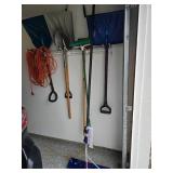Garage Tool Lot with Shovels, Push Broom and Extension Cord