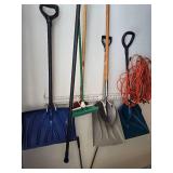 Garage Tool Lot with Shovels, Push Broom and Extension Cord