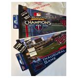 (2) Minnesota Twins Baseball Pennants and Tickets, 2009 Final Metrodome Series + Pin / Hanky, 2010 Target Field First Game + Tickets