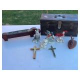 Mixed Lot - Wooden Crucifix, Metal Cross, Storage Box & Ceramic Animal Figurines