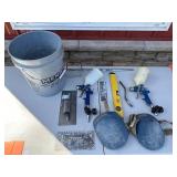 Assorted Tools & Hardware - Tool Shop Level, Spray Guns, Rubbermaid Bucket