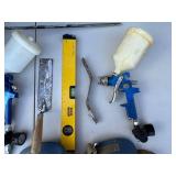 Assorted Tools & Hardware - Tool Shop Level, Spray Guns, Rubbermaid Bucket