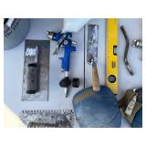 Assorted Tools & Hardware - Tool Shop Level, Spray Guns, Rubbermaid Bucket