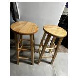 Pair of Round-Seat Wooden Stools with Foot Rests - 30' Tall