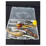 Assorted Fishing Lures in Clear Tackle Box - Crankbaits, Spoons & Bucktails