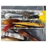Assorted Fishing Lures in Clear Tackle Box - Crankbaits, Spoons & Bucktails