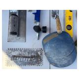 Assorted Tools & Hardware - Tool Shop Level, Spray Guns, Rubbermaid Bucket