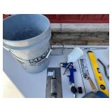 Assorted Tools & Hardware - Tool Shop Level, Spray Guns, Rubbermaid Bucket
