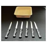 Corning Ware Rectangular Casserole Dish with Blue Floral Pattern & Farberware Knife 6 Pc Set