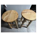 Pair of Round-Seat Wooden Stools with Foot Rests - 30' Tall