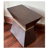 Mid-Century Style Woven Wood Accent Table with Gold Band Trim