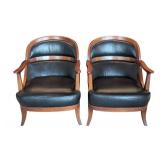 UL - Thomasville Wood and Black Leather Armchairs (Pair)